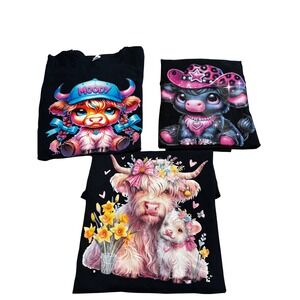 Fruit of the Loom Highland Cow Graphic T-Shirt Bundle Women 4XL 5XL Black 3pc